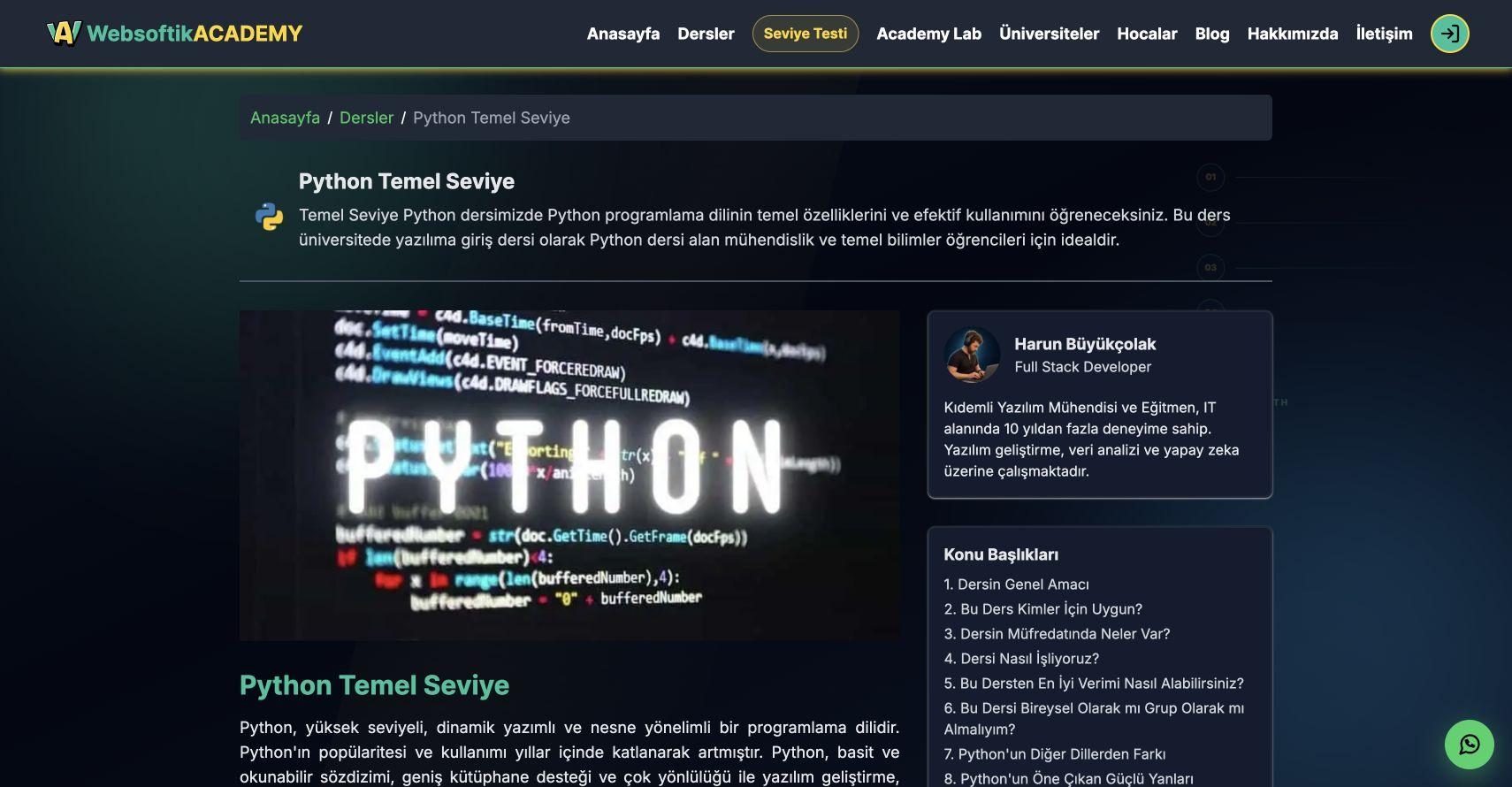 Academy Python Temel Seviye ders sayfası: konu başlıkları ve eğitmen tanıtımı.