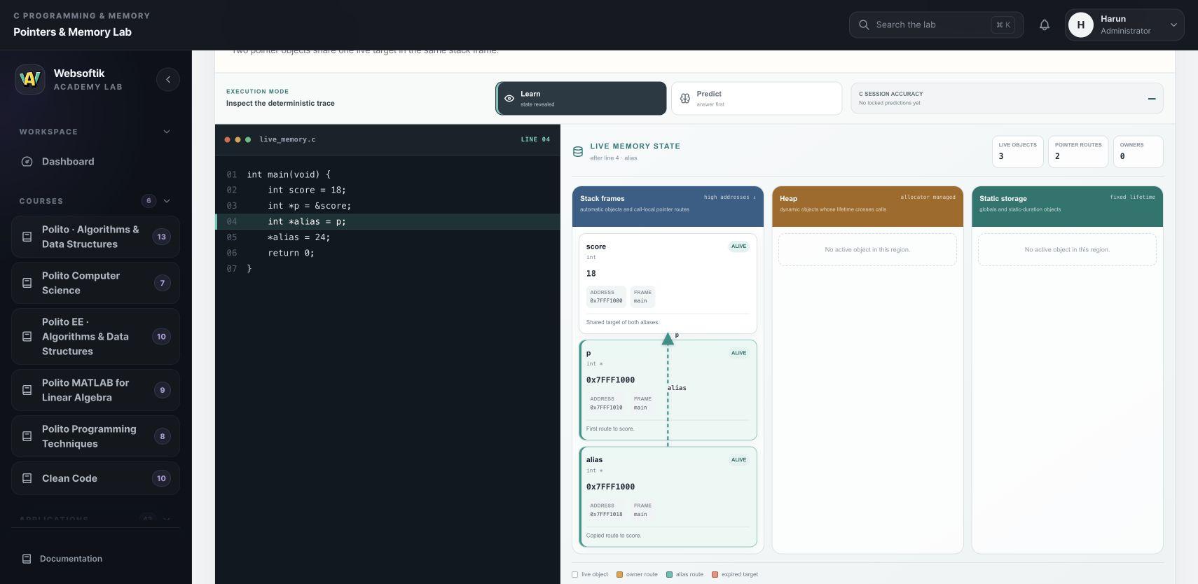 Academy Lab tam arayüzü: C kodu, stack nesneleri ve iki pointer arasındaki alias ilişkisi.