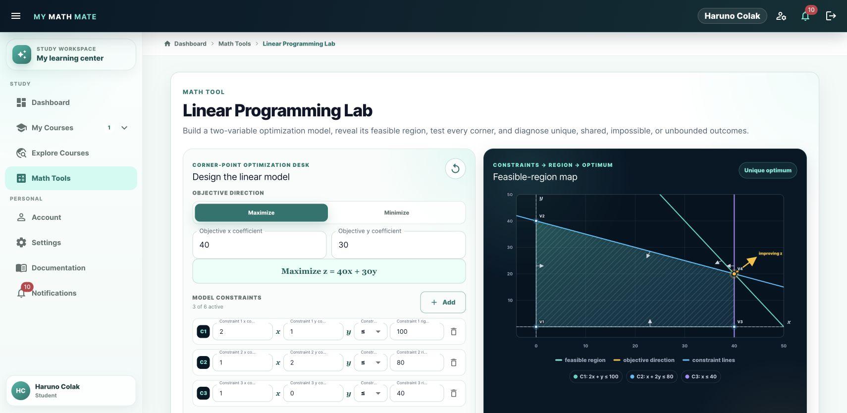 MyMathMate tam arayüzü: doğrusal programlama kısıtları, uygun bölge ve optimum nokta.